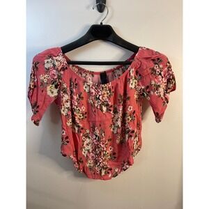 Rebel Sugar Floral Off the Shoulder Crop Top Pink Smocked Puff Sleeve Blouse M